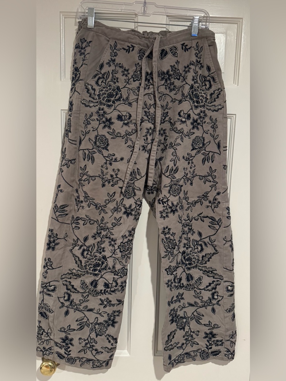 Taupe Floral Embroidered Drawstring Wonen’s Pants